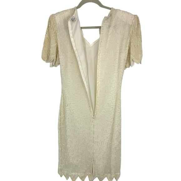 Lawrence Kazar Silk Beaded Sheath Dress Vintage size Small Ivory Short Sleeve - Picture 4 of 16